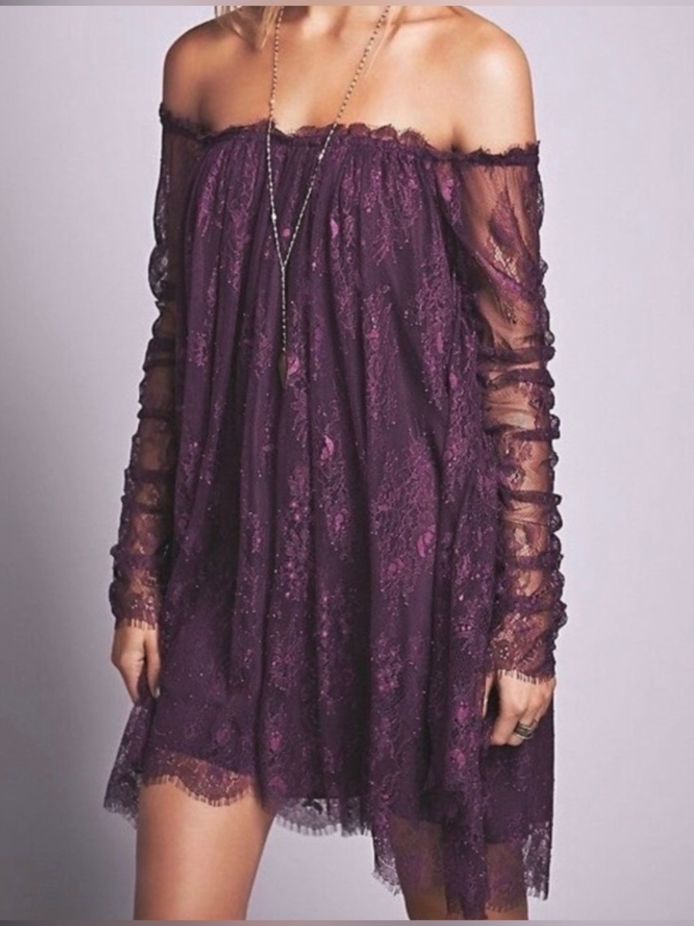 Free People Purple Lace Off The Shoulder Tunic Dress Ruched Cape Sleeve NWOT S